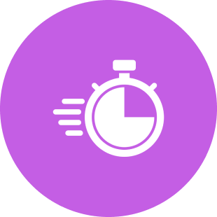 White stopwatch icon on purple background.